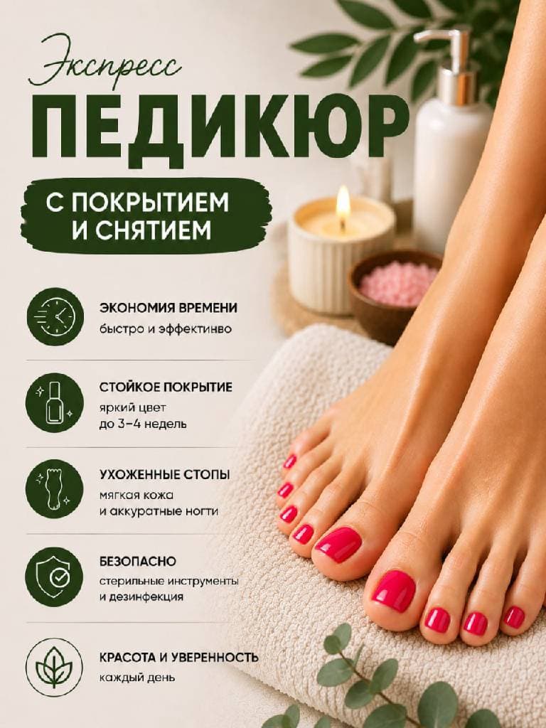 Женский экспресс-педикюр + покрытие гель-лаком + снятие