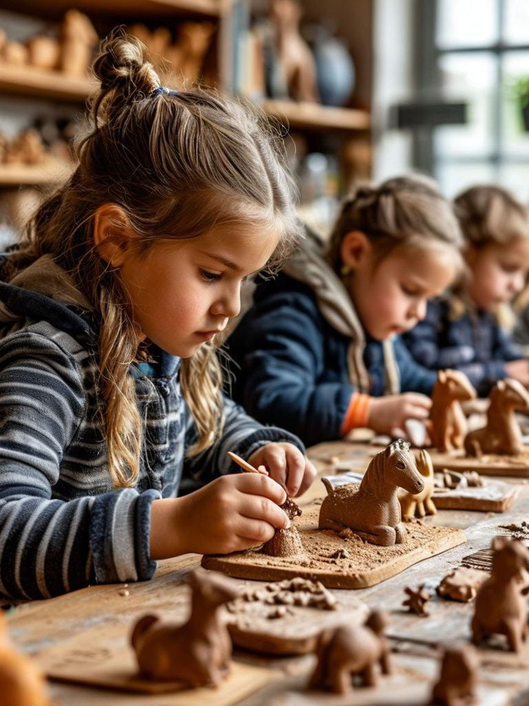 Групповое занятие лепкой из глины, для детей