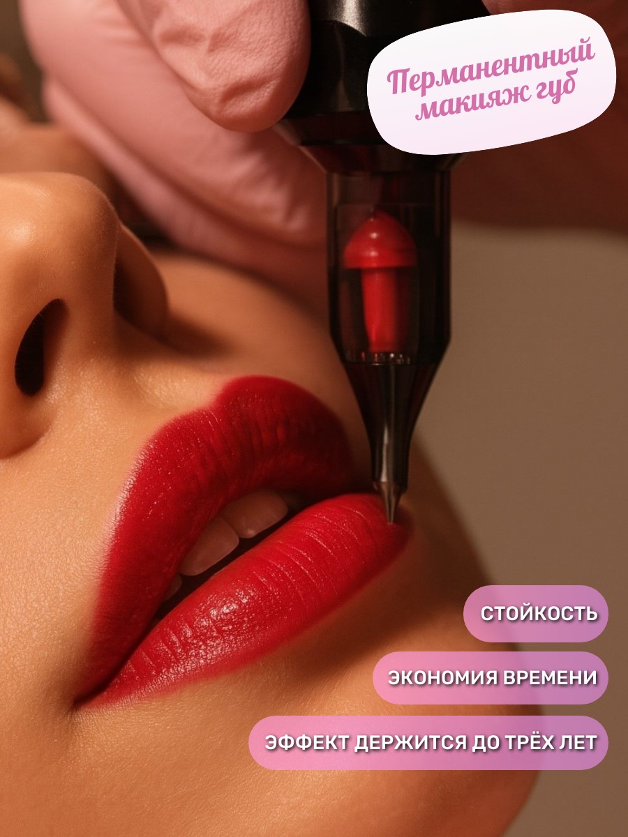 Перманентный макияж губ (контур + полное закрашивание)