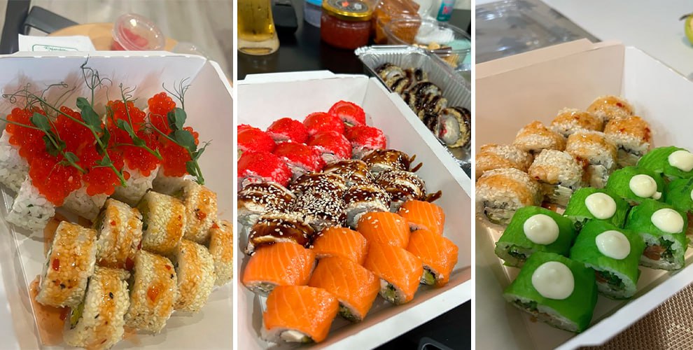 на роллы, сеты, пиццу, супы, закуски, салаты, завтраки, поке