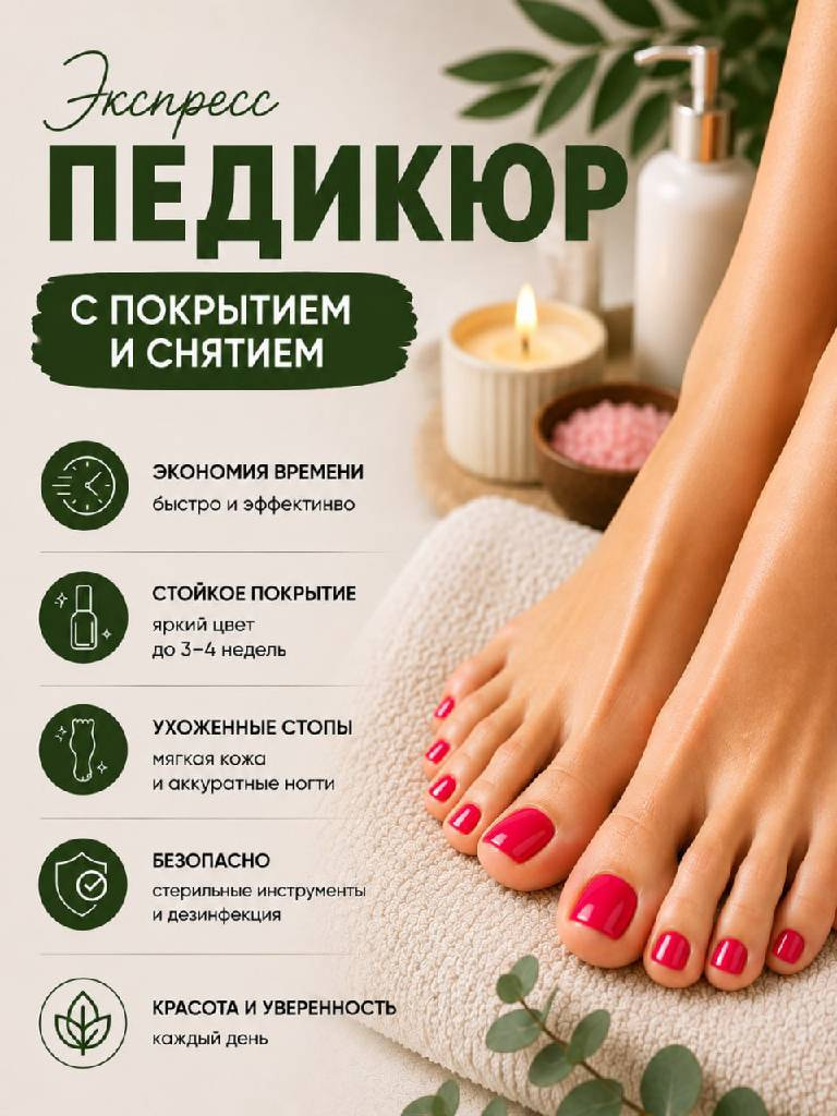 Женский экспресс-педикюр + покрытие гель-лаком + снятие